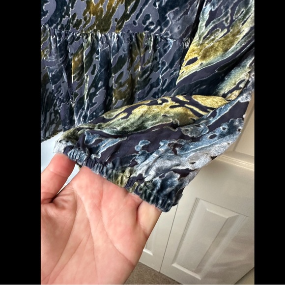 New SUNDANCE Velvet Riches Burnout Peplum Blouse Top Shirt Blue Green Silk Yello - Picture 6 of 12